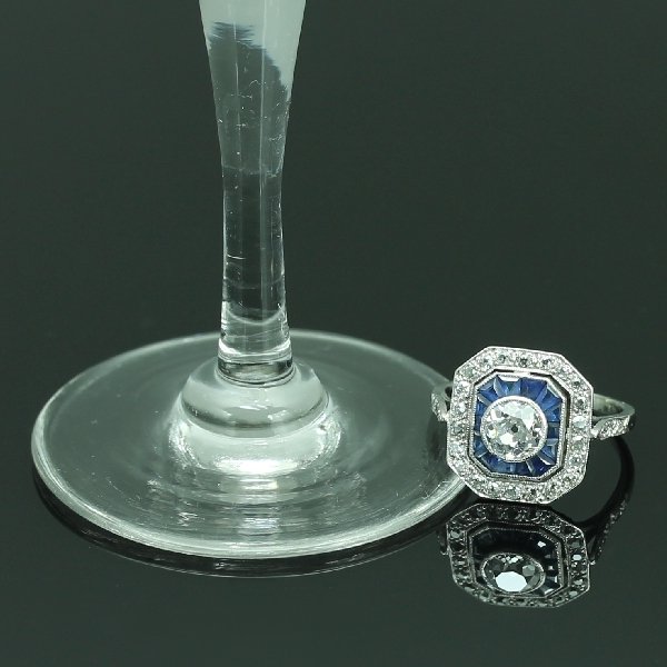 Vintage Blue Sapphire Diamond Engagement Ring Art Deco Jewelry from the antique jewelry collection of www.adin.be